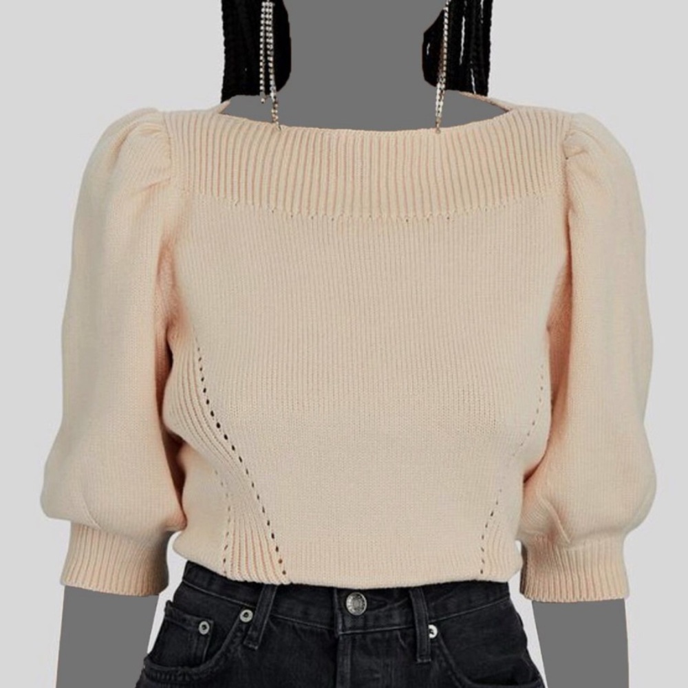 Adeam Women's Pink Cotton
Short-Puff-Sleeve Boat-Neck
Sweater Top